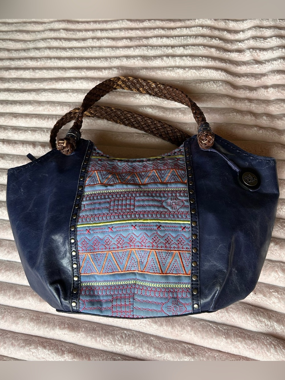 The Sak Leather Boho Navy Embroidered Tote Bag with Braided Handles
